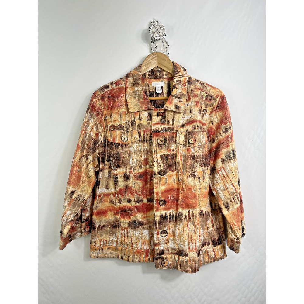 Chico's Jacket 2 Orange Abstract Gold Shimmer Linen Blend Button Front Coat